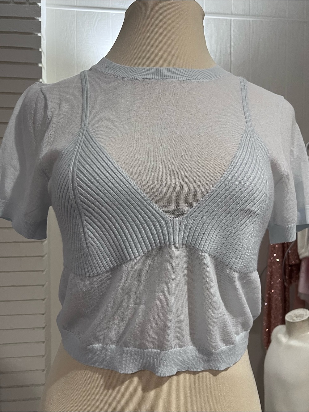Light Blue Ribbed Bralette Knit Top - Women